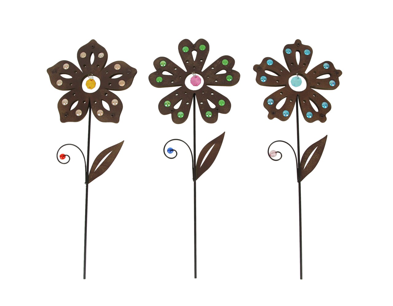 Set of 3 Rustic Brown Metal Flower Garden Stakes With Colorful Jewel Accents